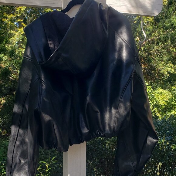 Faux Leather Cropped Hooded Jacket - Picture 3 of 7